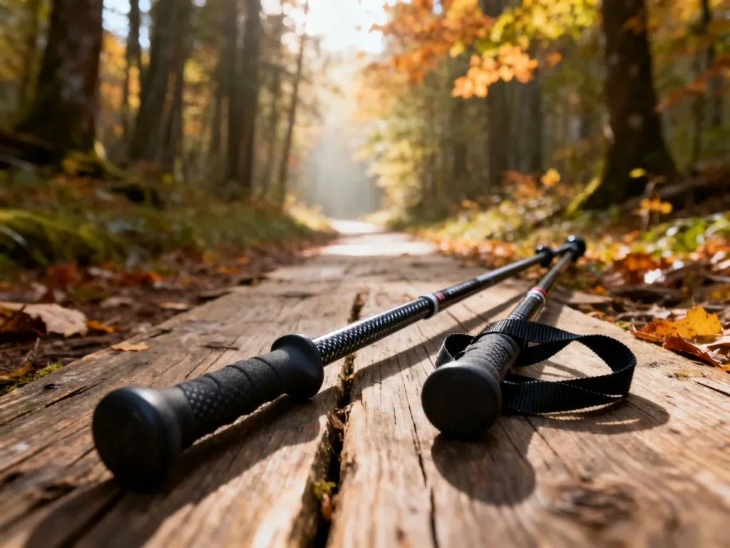 Kije do nordic walking leżące na leśnej ścieżce w jesiennej scenerii, gotowe do treningu w otoczeniu natury.