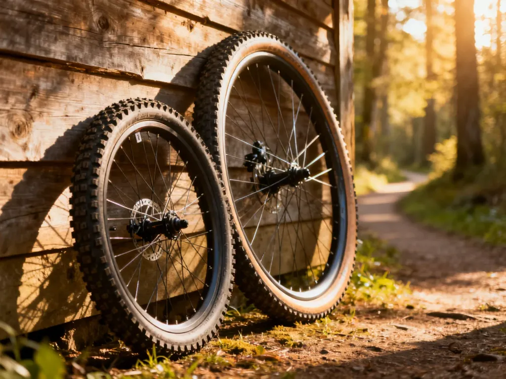 Porównanie dwóch kół rowerowych: mniejszego 26-calowego z grubym bieżnikiem oraz większego 28-calowego z gładką oponą.
