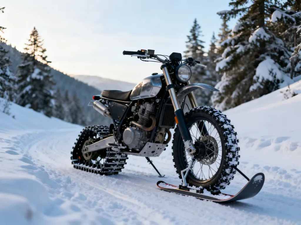 Futurystyczny motocykl przystosowany do jazdy po śniegu z gąsienicą i przednią płozą, zaparkowany na górskim szlaku.