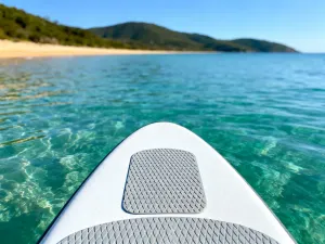 Deska surfingowa leżąca na mokrym piasku tropikalnej plaży z turkusowymi falami w tle.