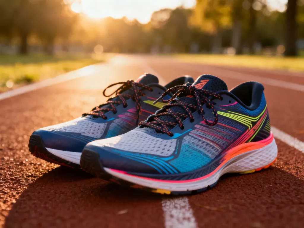 Profesjonalne buty do biegania ustawione na bieżni lekkoatletycznej w słoneczny dzień.