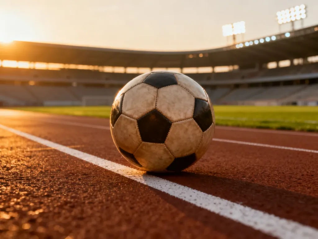 Piłka do futbolu leżąca na linii bieżni lekkoatletycznej o wschodzie słońca na stadionie.