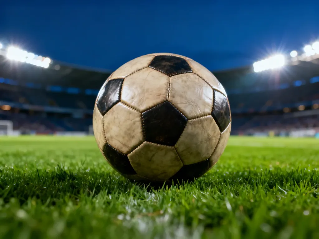Klasyczna piłka nożna na murawie stadionu w świetle jupiterów przed wieczornym meczem.