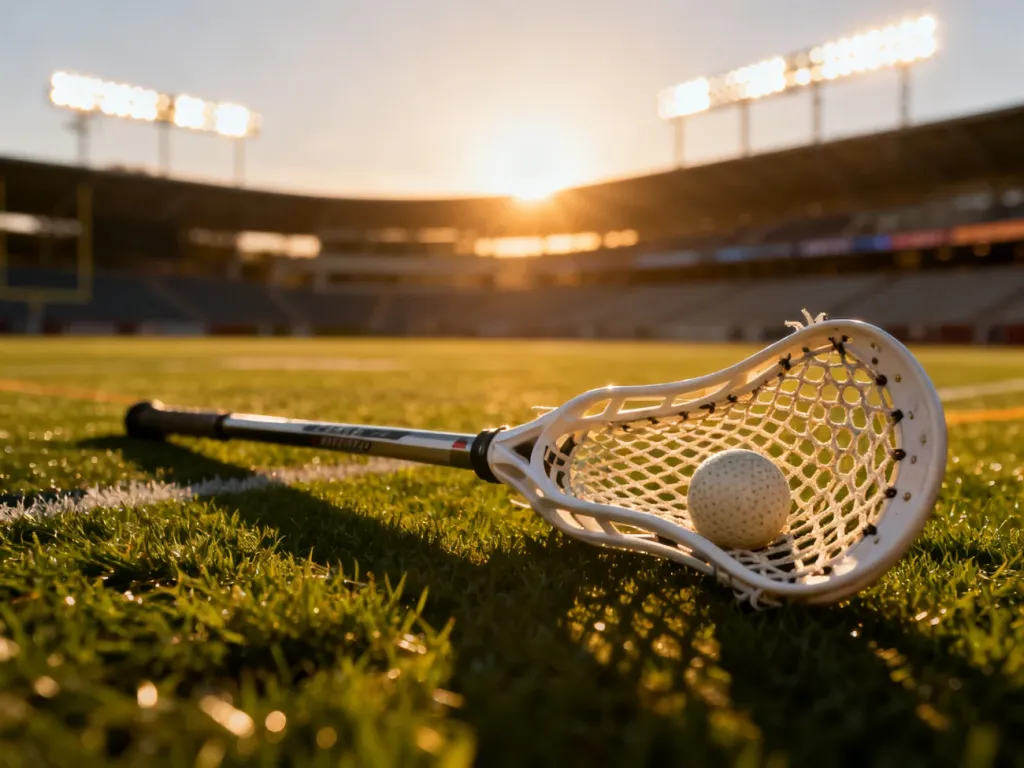 Profesjonalny kij i piłka do lacrosse leżące na murawie stadionu w blasku zachodzącego słońca.