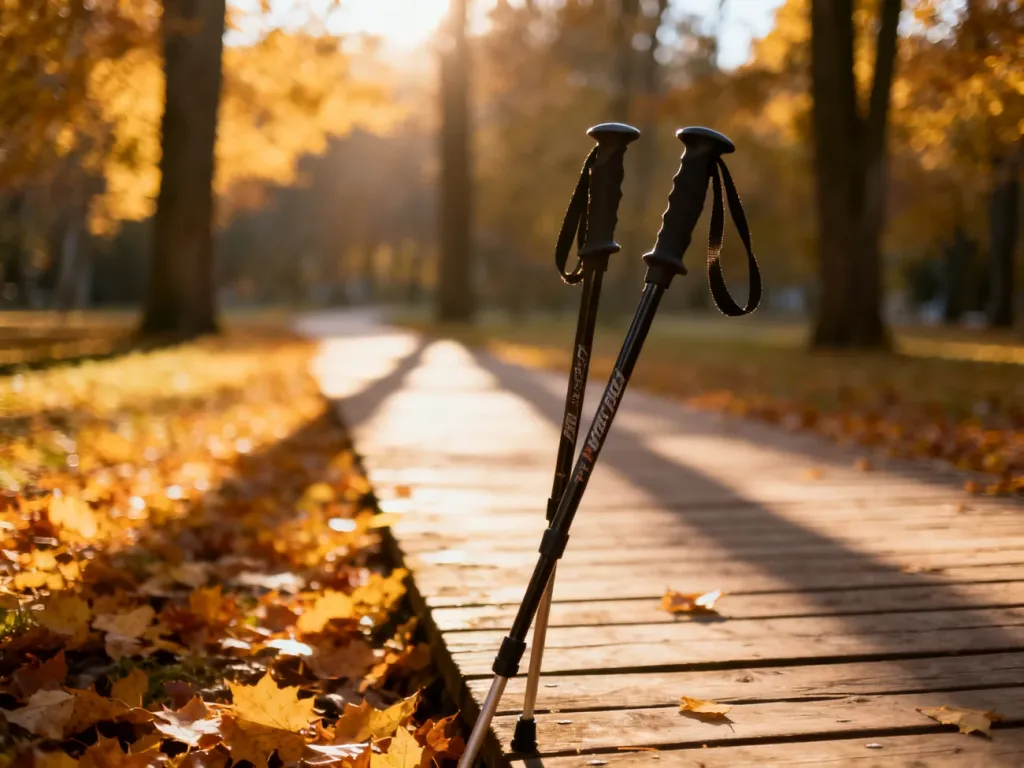 Kije do nordic walking leżące na jesiennej ścieżce w parku, w tle rozmyty las w promieniach słońca.