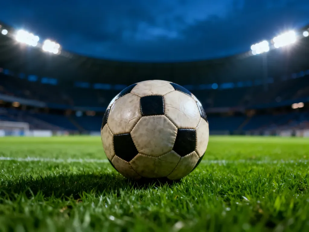 Skórzana piłka nożna na murawie stadionu w świetle jupiterów o zmierzchu.