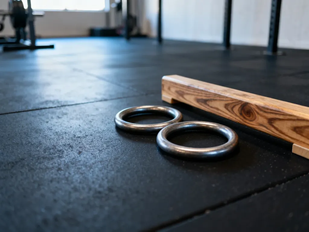 Metalowe kółka gimnastyczne i drewniane poręcze do pompek na podłodze w profesjonalnej sali fitness.