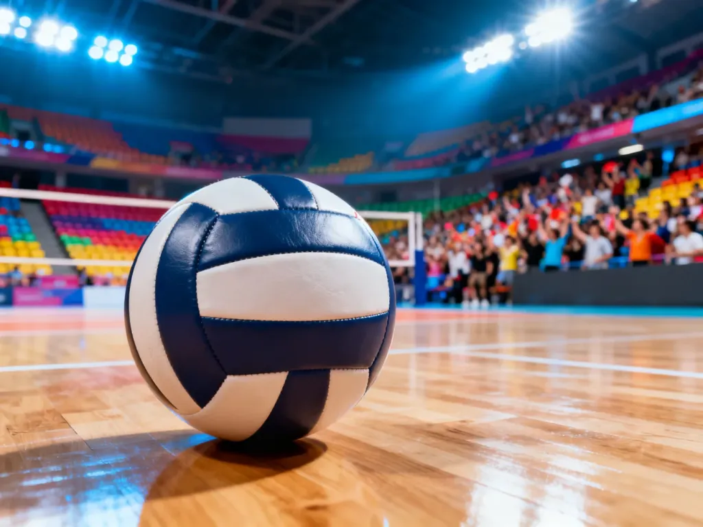 Piłka do siatkówki leżąca na parkiecie w nowoczesnej hali sportowej wypełnionej kibicami.
