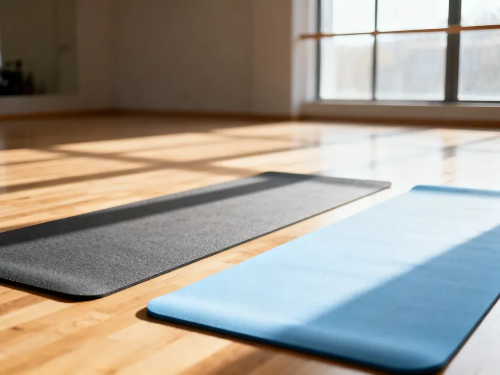 Porównanie twardej, szarej maty do ćwiczeń oraz miękkiej, niebieskiej maty na drewnianej podłodze w jasnym studiu fitness.