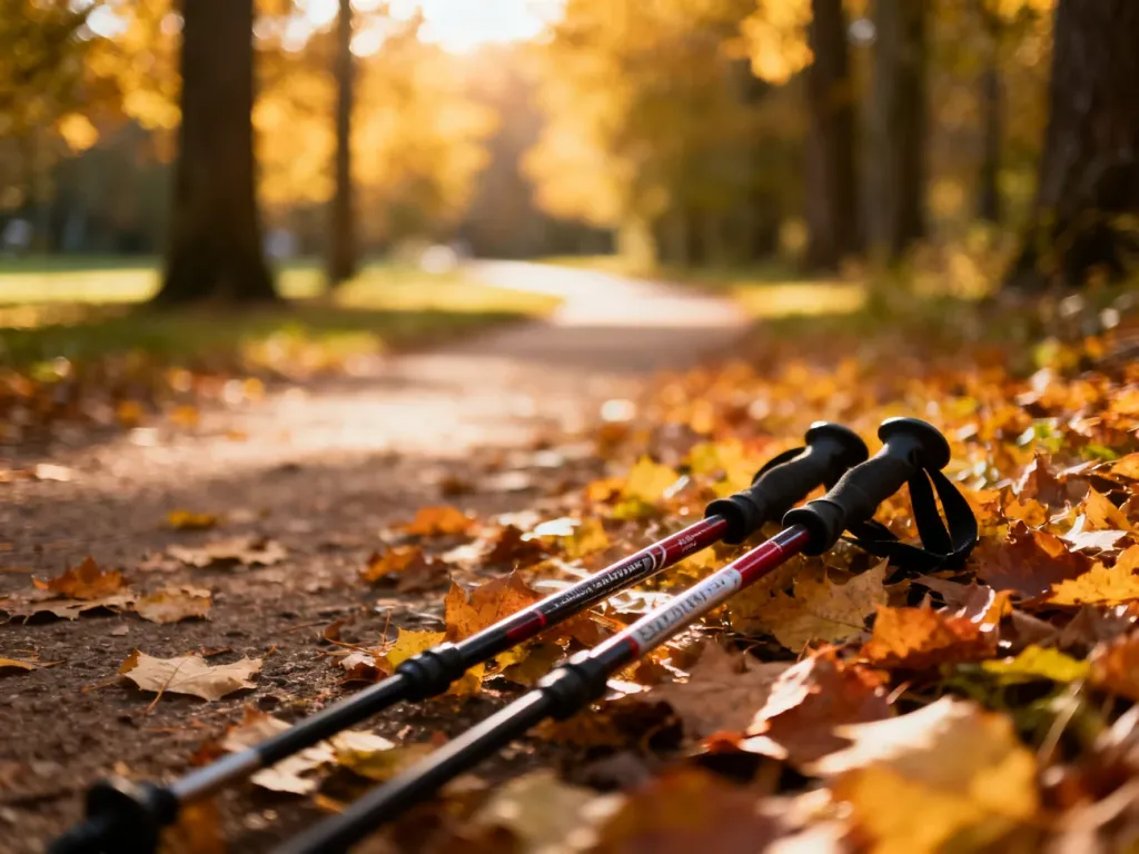 Kije do nordic walking leżące na leśnej ścieżce pokrytej jesiennymi liśćmi w promieniach słońca.