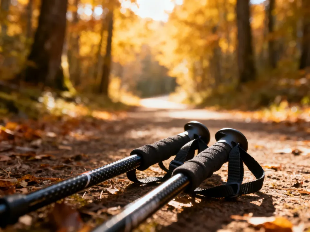 Wysokiej jakości kijki do nordic walking leżące na leśnej ścieżce w jesiennym słońcu, zachęcające do aktywnego marszu.
