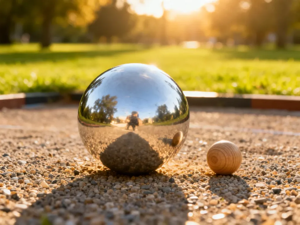 Srebrna kula do gry w petanque oraz mała drewniana świnka leżące na żwirowym podłożu w słonecznym parku.