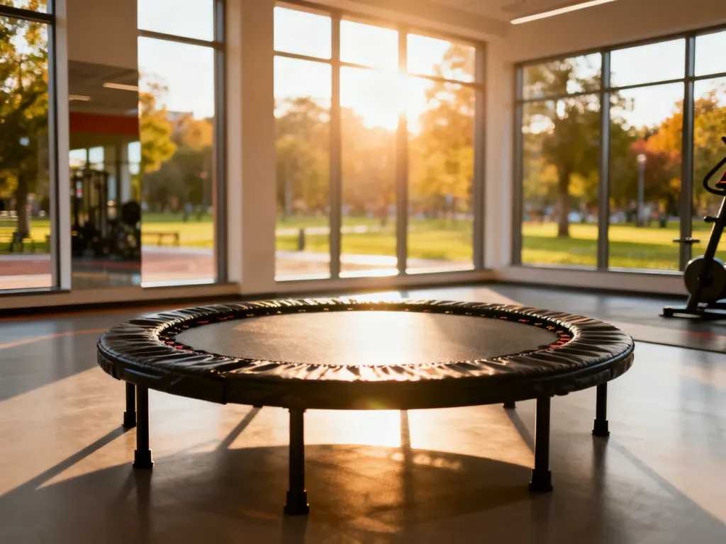 Profesjonalna trampolina fitness w słonecznym, nowoczesnym wnętrzu siłowni, zachęcająca do energicznego treningu.