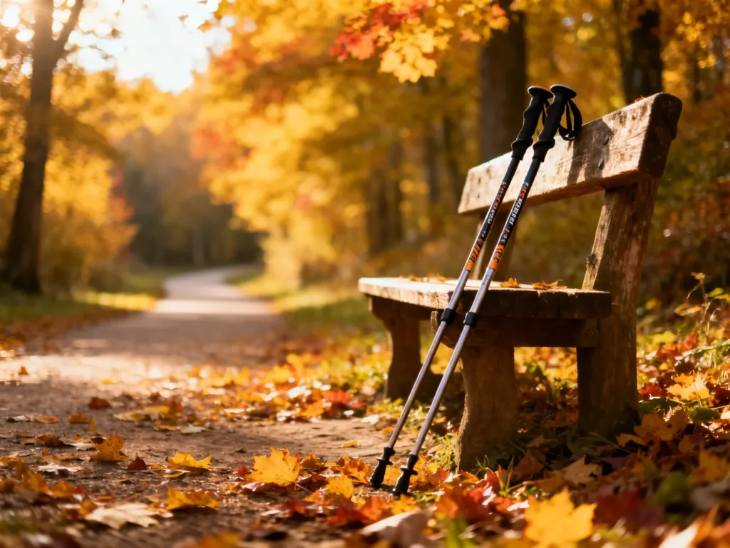 Profesjonalne kije do nordic walking oparte o drewnianą ławkę w jesiennym parku, zachęcające do rozpoczęcia rozgrzewki.