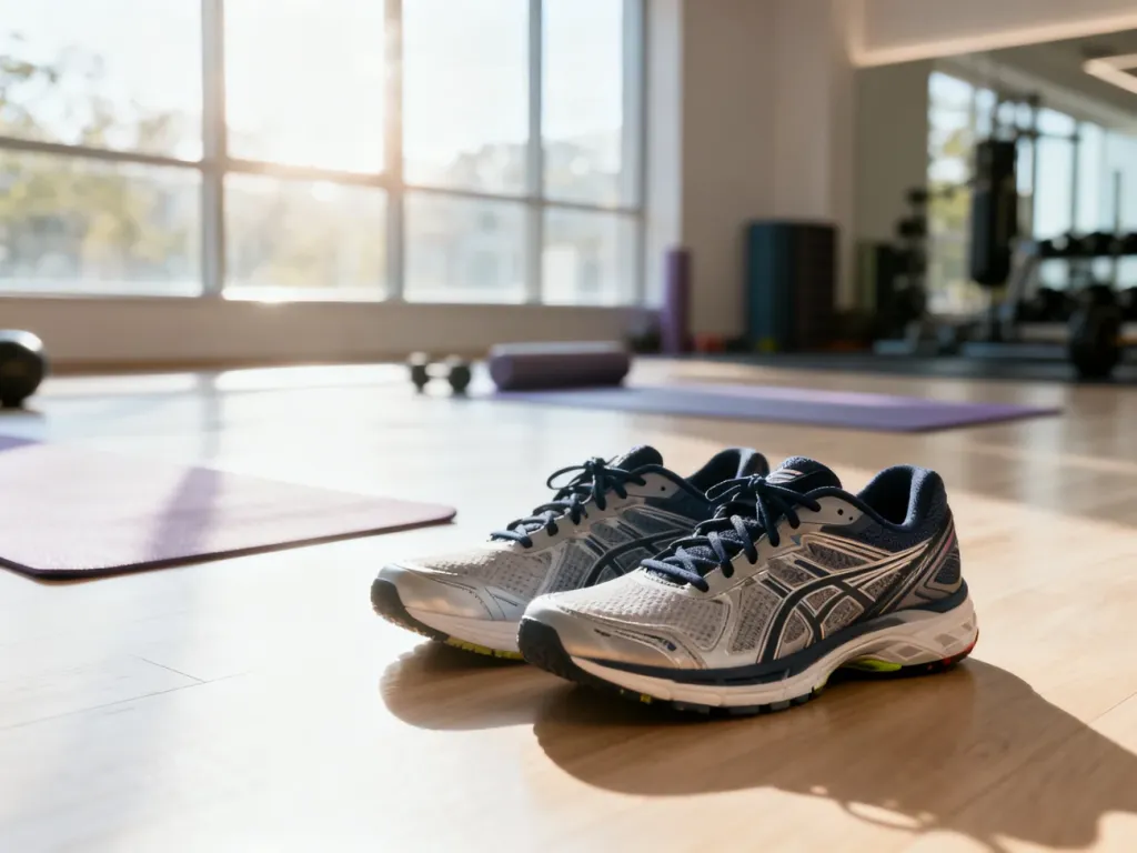 Sportowe buty na drewnianej podłodze w profesjonalnym studiu fitness, zachęcające do rozpoczęcia treningu ABT.
