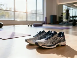 Profesjonalne kijki do nordic walking oparte o drewnianą ławkę na tle jesiennej ścieżki w lesie.