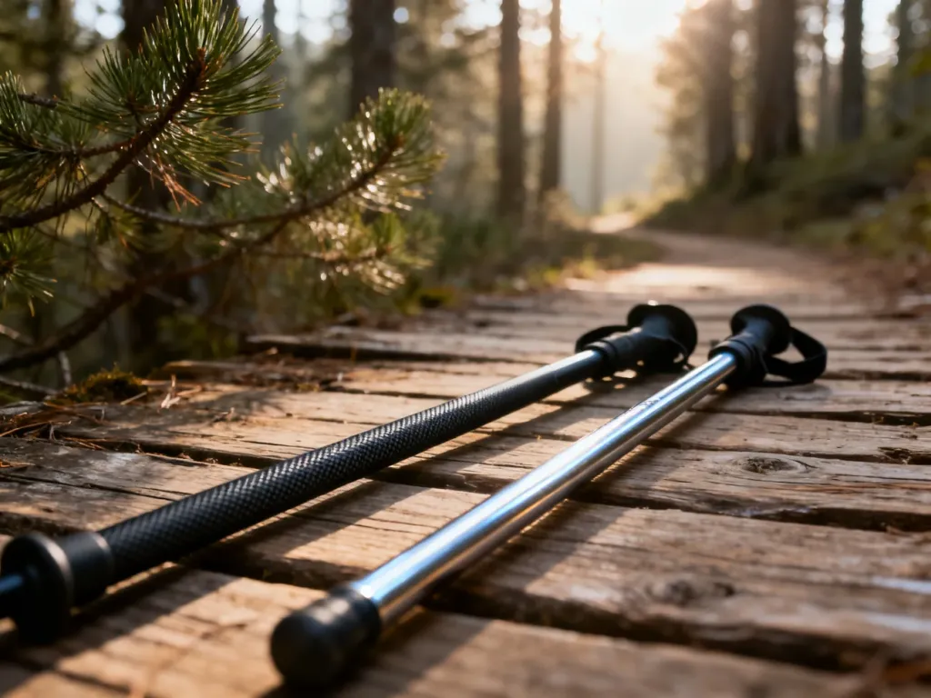 Porównanie kijów do nordic walking: matowy model karbonowy obok błyszczącego kija aluminiowego na leśnej ścieżce.