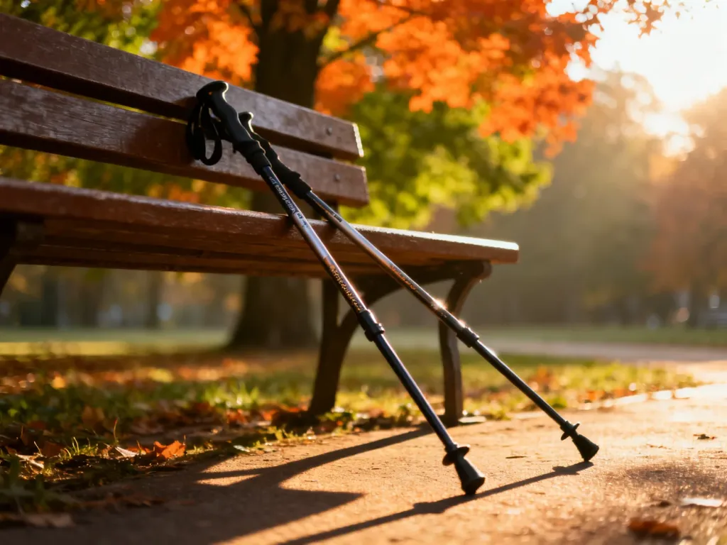 Kije do nordic walking oparte o ławkę w parku o wschodzie słońca, zachęcające do porannego treningu w jesiennej scenerii.