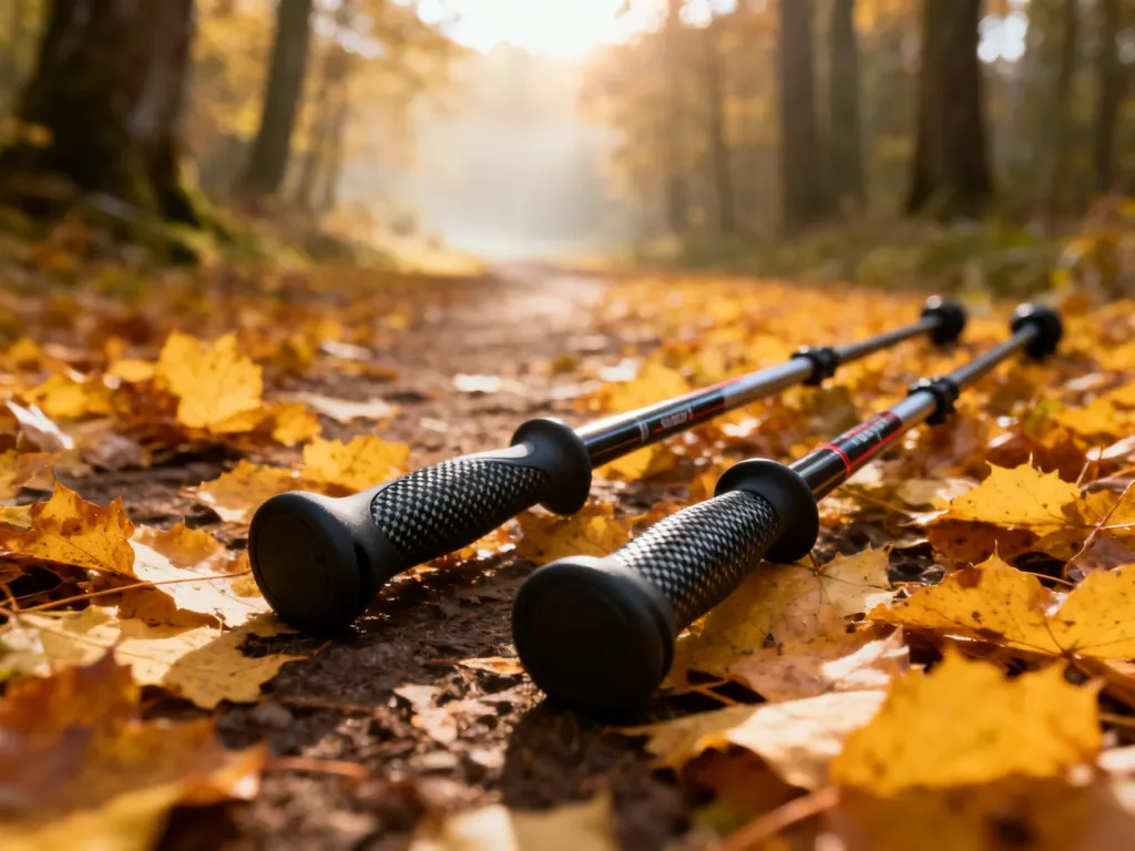 Profesjonalne kije do nordic walking na leśnej ścieżce pokrytej jesiennymi liśćmi w ciepłym, porannym świetle.
