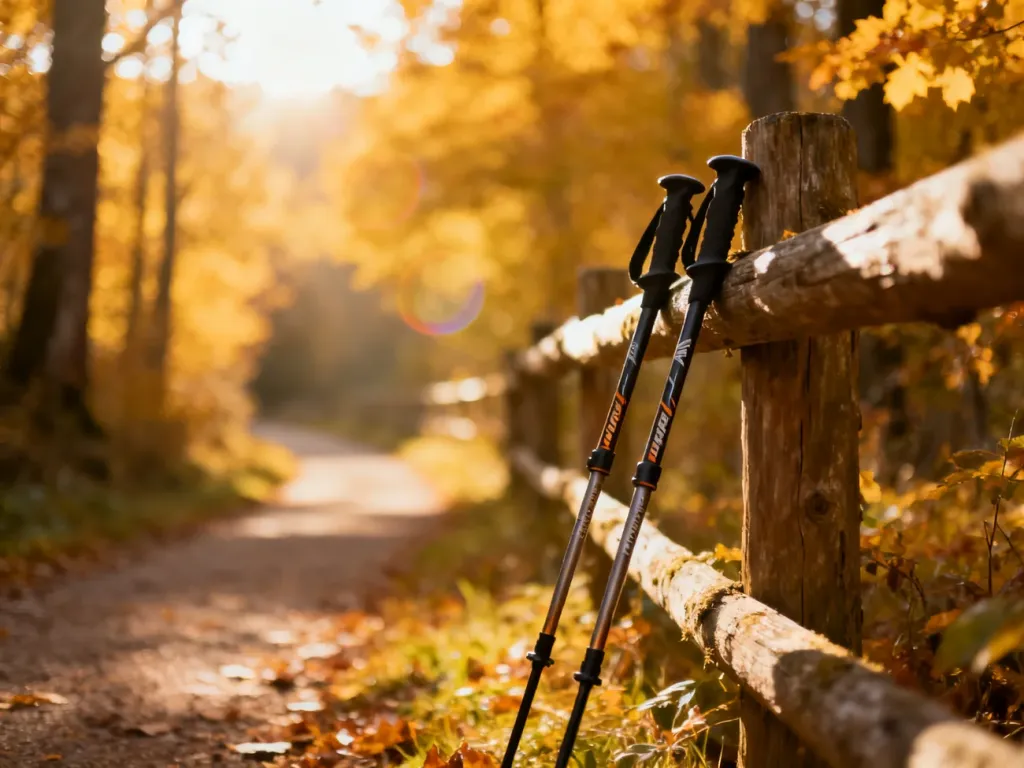 Profesjonalne kijki do nordic walking oparte o drewniany płot na tle jesiennego lasu w promieniach porannego słońca.