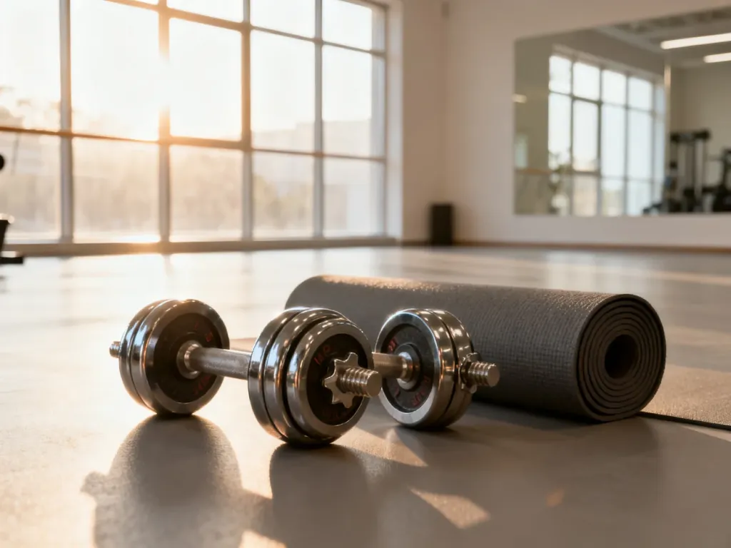 Nowoczesna siłownia z hantlami i matą do jogi, zachęcająca do rozpoczęcia treningu fitness.