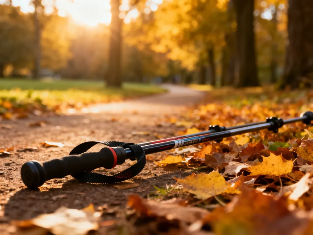 Kije do nordic walking oparte o drzewo na jesiennej ścieżce w parku, oświetlone ciepłym światłem zachodzącego słońca.