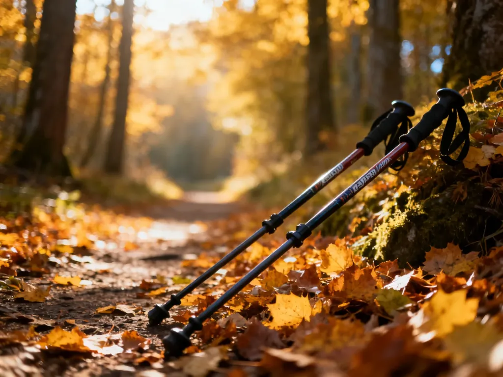 Profesjonalne kije do nordic walking na leśnej ścieżce pośród jesiennych liści w słoneczny poranek.