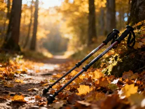 Kije do nordic walking leżące na zielonej trawie w słonecznym parku, zachęcające do aktywności fizycznej na świeżym powietrzu.