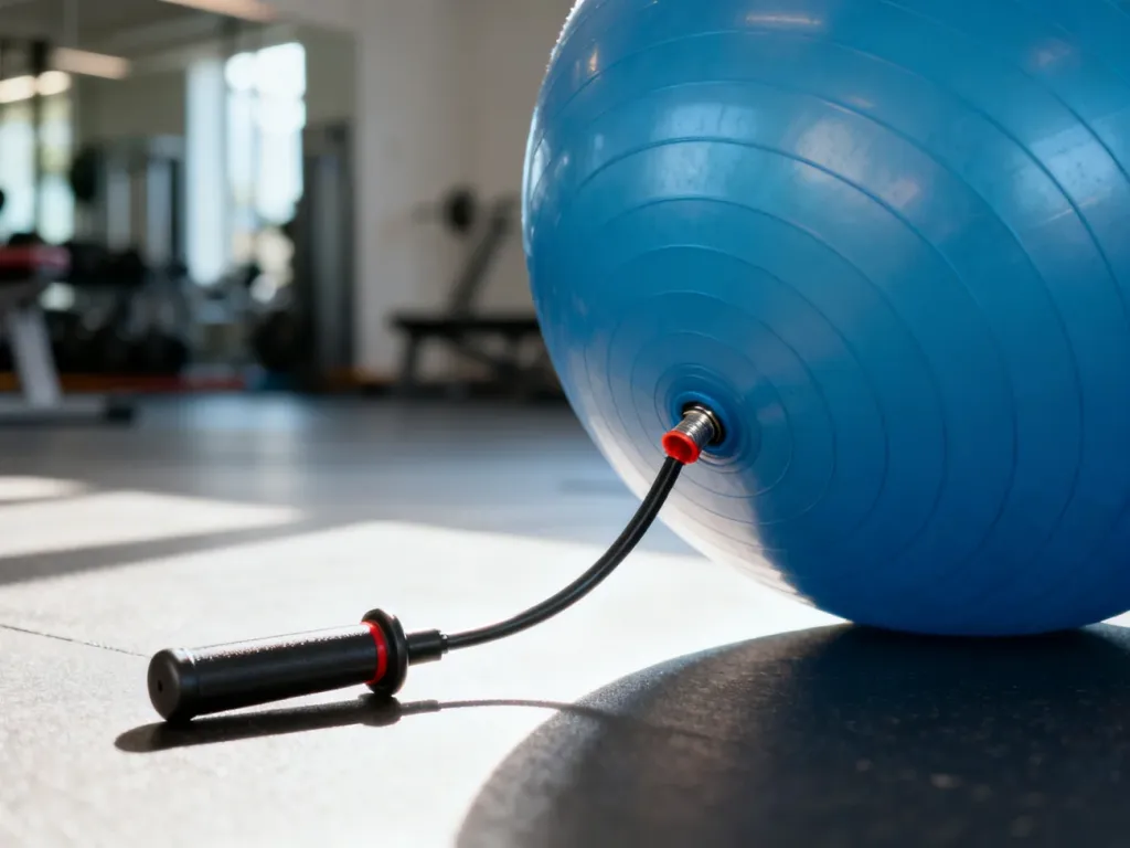 Ręczna pompka podłączona do zaworu piłki gimnastycznej podczas procesu jej pompowania na podłodze w studiu fitness.