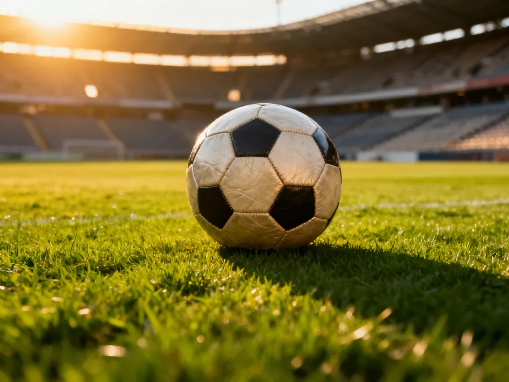 Skórzana piłka nożna na murawie stadionu w świetle zachodzącego słońca, symbolizująca ducha mistrzostw świata.