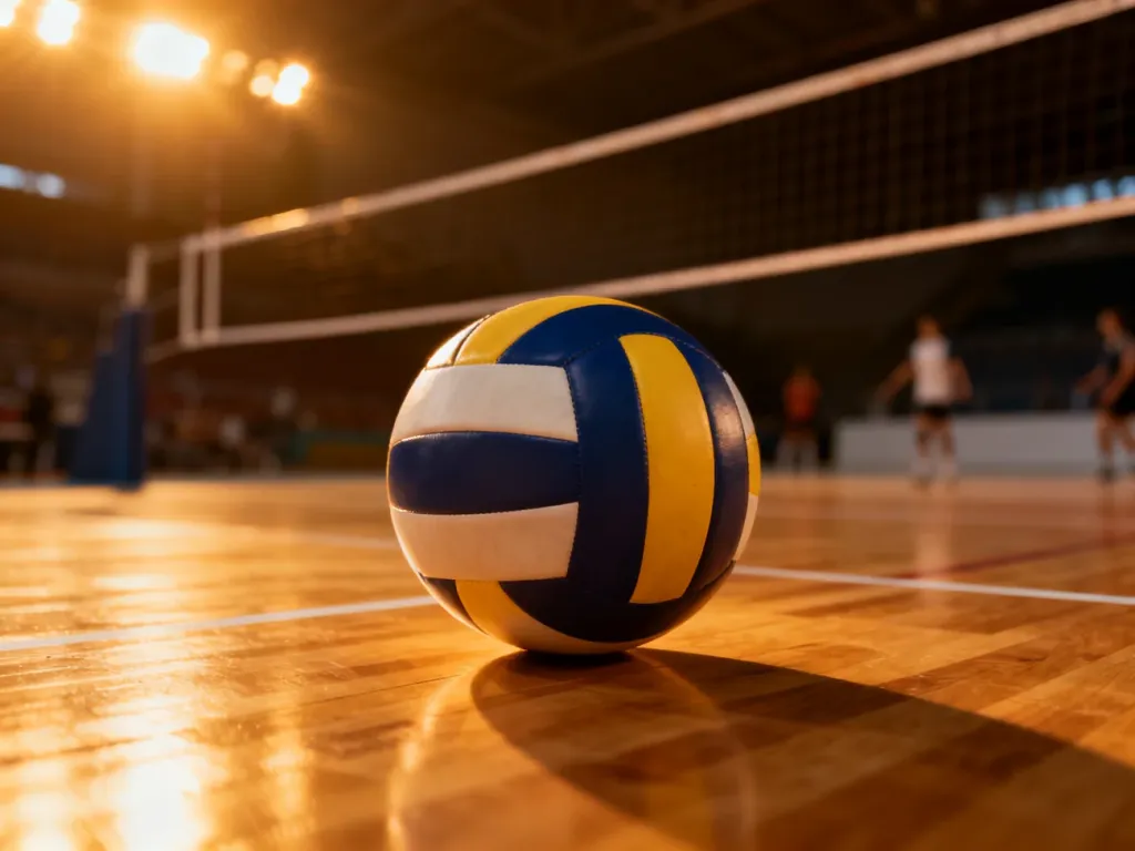 Piłka do siatkówki spoczywająca na parkiecie hali sportowej z rozmytą siatką w tle.