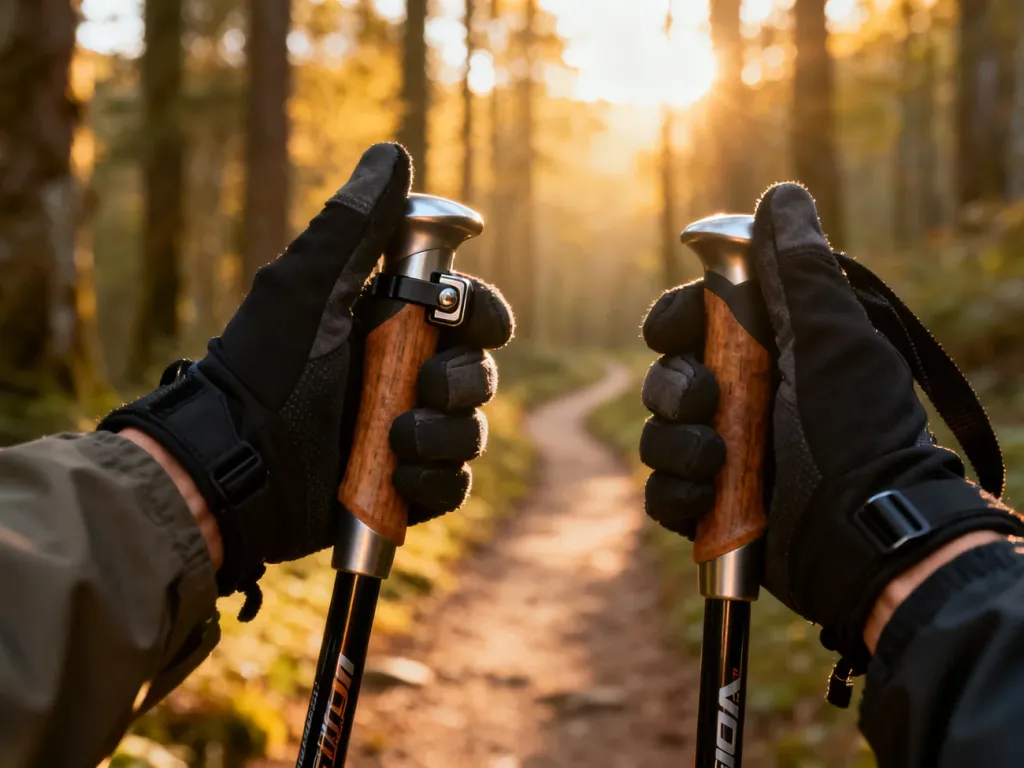 Dłonie w profesjonalnych rękawiczkach regulują blokadę kijków do nordic walking na tle słonecznego lasu.