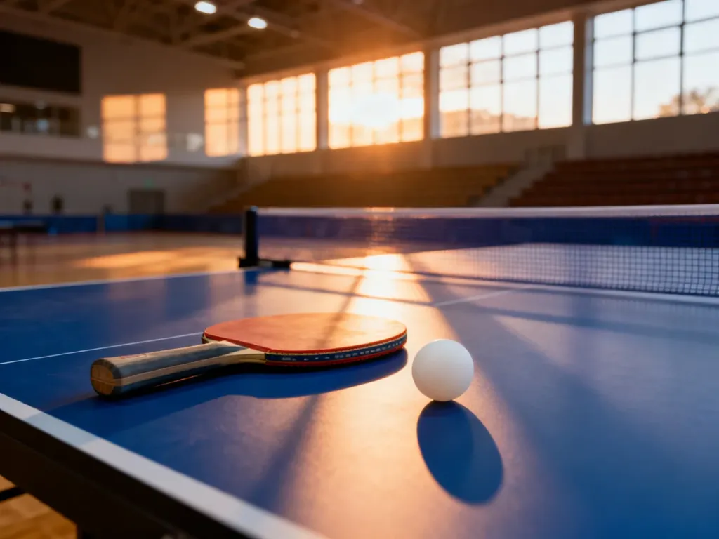 Profesjonalny stół do tenisa stołowego z rakietką i piłeczką w nowoczesnej hali sportowej oświetlonej światłem słonecznym.