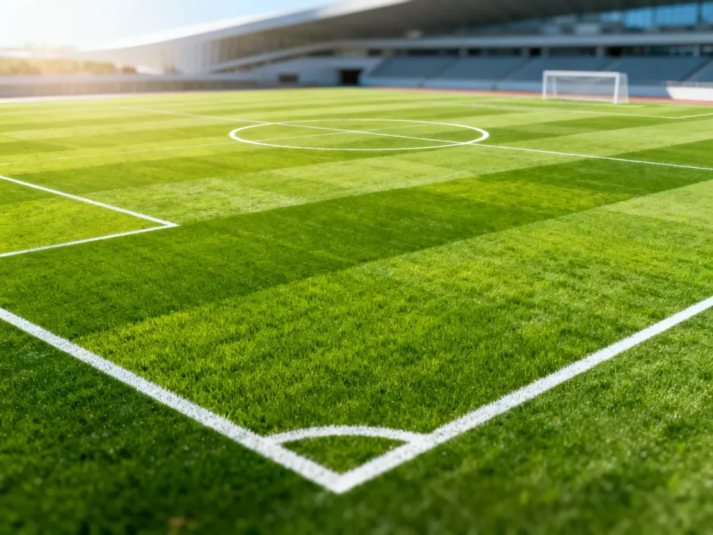 Widok z drona na profesjonalne boisko piłkarskie z wyraźnie zaznaczonymi liniami i murawą zgodną z wymogami FIFA.