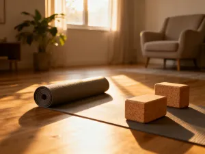 Mata do ćwiczeń na drewnianej podłodze w nowoczesnym studiu fitness oświetlonym ciepłym światłem zachodzącego słońca.