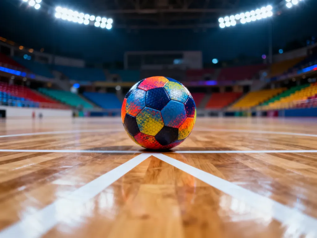 Profesjonalna piłka do futsalu spoczywająca na środku boiska w hali sportowej.