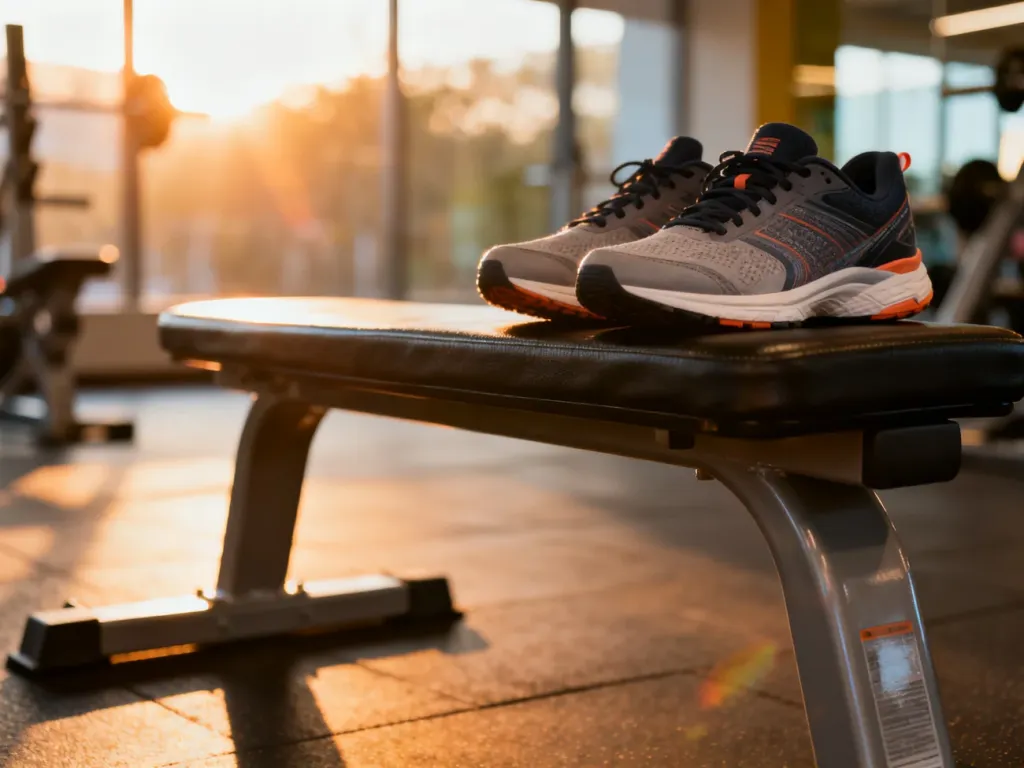 Sportowe buty na ławce treningowej w słonecznej siłowni, przygotowujące do wykonania pompek na podwyższeniu.