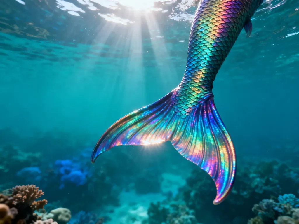 Mieniący się w turkusowej wodzie silikonowy ogon syreny, ukazujący technikę pływania w stylu mermaid.