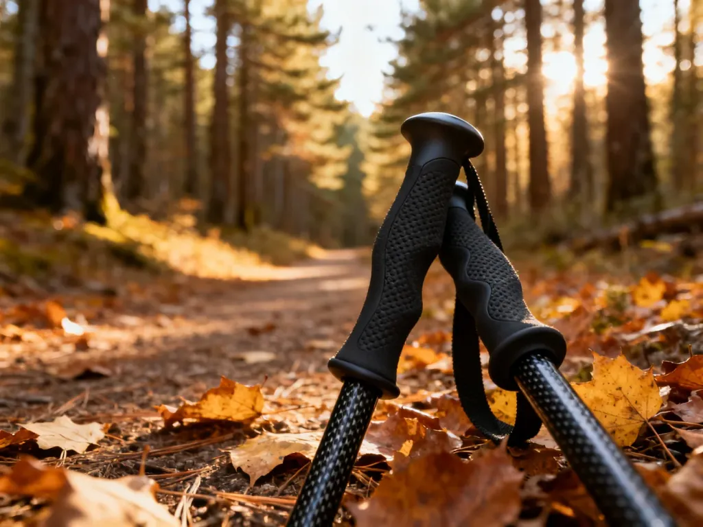 Kije do nordic walking na leśnej ścieżce jesienią, zachęcające do aktywności fizycznej wspomagającej kręgosłup.