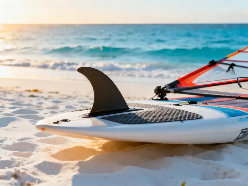 Profesjonalna deska windsurfingowa leżąca na piaszczystej plaży z widokiem na spokojny ocean w promieniach słońca.