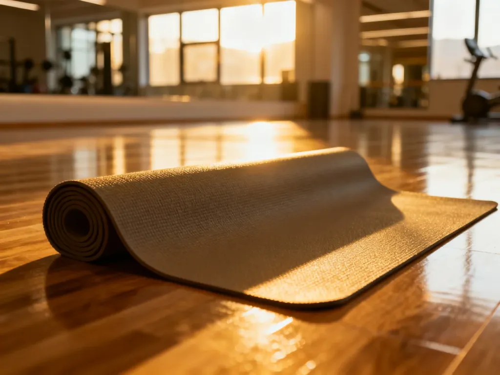 Mata do ćwiczeń na drewnianej podłodze w nowoczesnym studiu fitness oświetlonym ciepłym światłem zachodzącego słońca.
