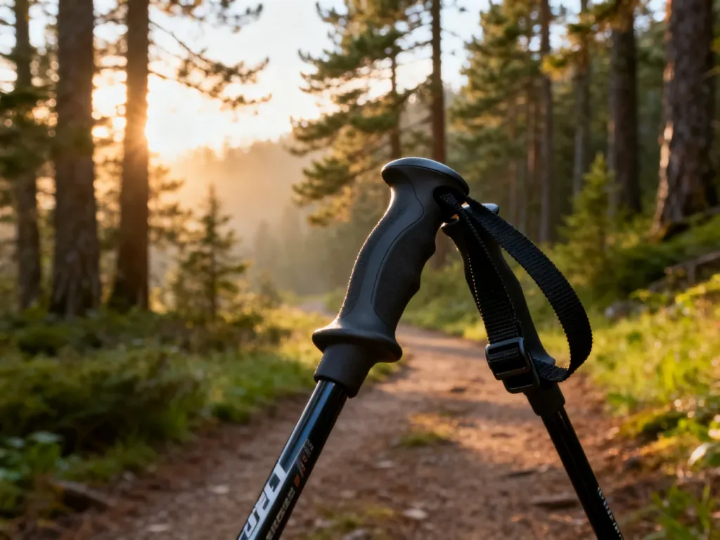 Kijki do nordic walking z ergonomicznymi uchwytami i paskami na leśnej ścieżce w promieniach porannego słońca.