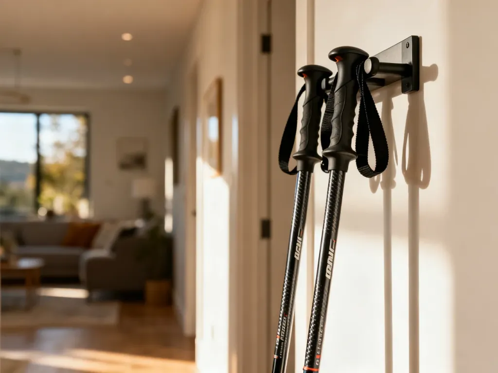 Profesjonalne kijki do nordic walking zawieszone na ściennym uchwycie w nowoczesnym, uporządkowanym przedpokoju.