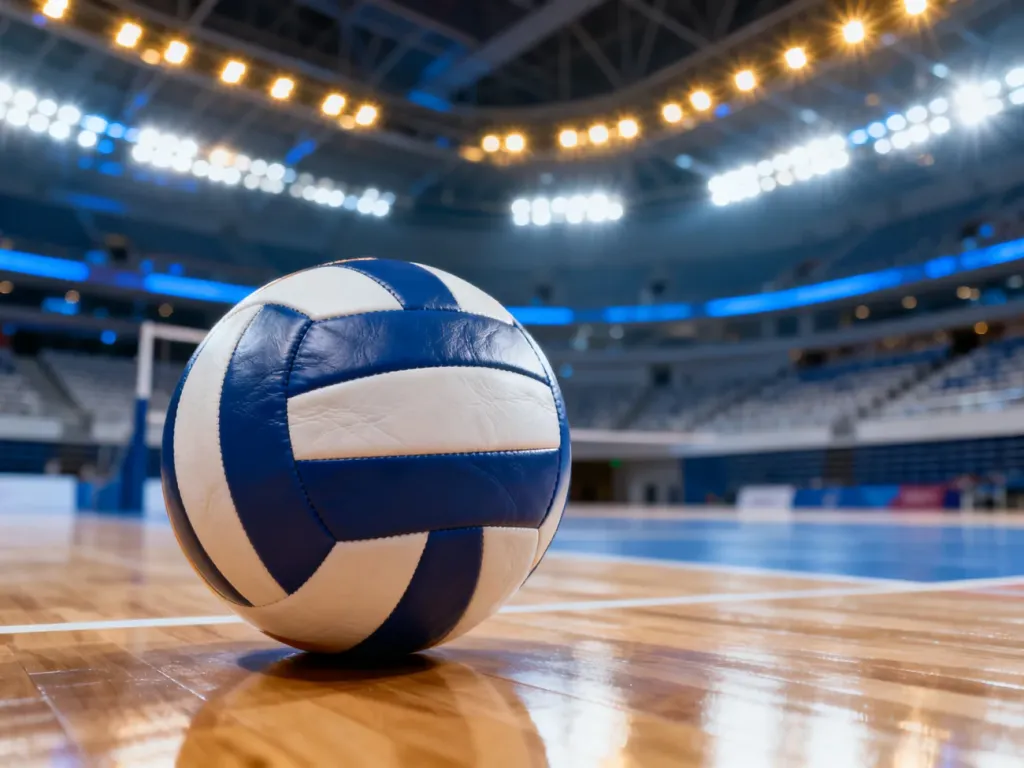 Piłka do siatkówki na parkiecie hali sportowej w oczekiwaniu na mecz Polska – Serbia.