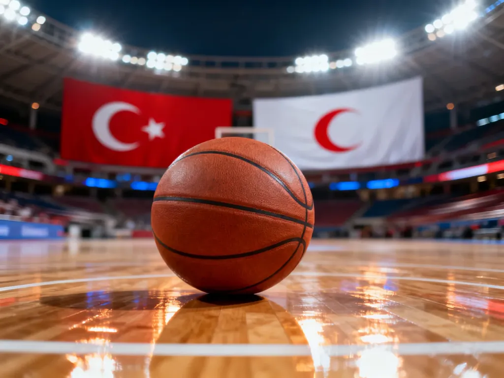Piłka do koszykówki na parkiecie hali sportowej w otoczeniu barw narodowych Polski i Turcji.