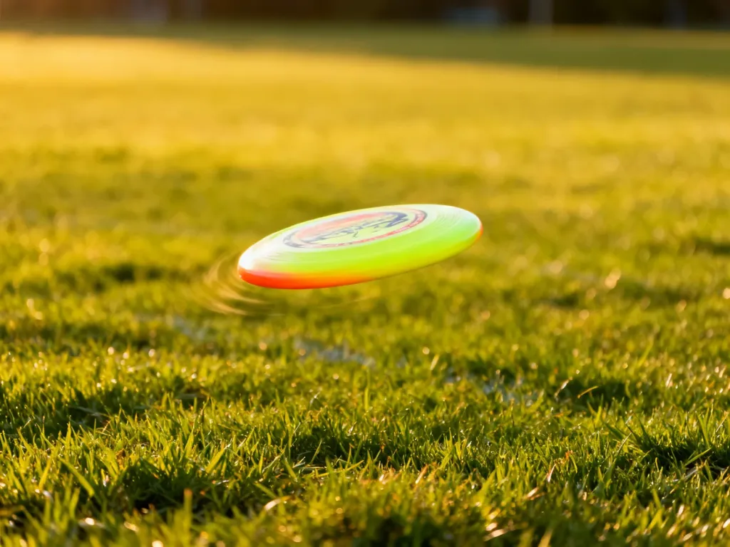 Wielokolorowy dysk do ultimate frisbee lecący nad profesjonalnym boiskiem w świetle zachodzącego słońca.