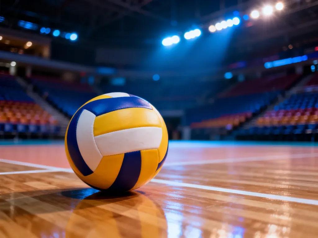 Piłka do siatkówki leżąca na parkiecie w oświetlonej hali sportowej przed meczem.
