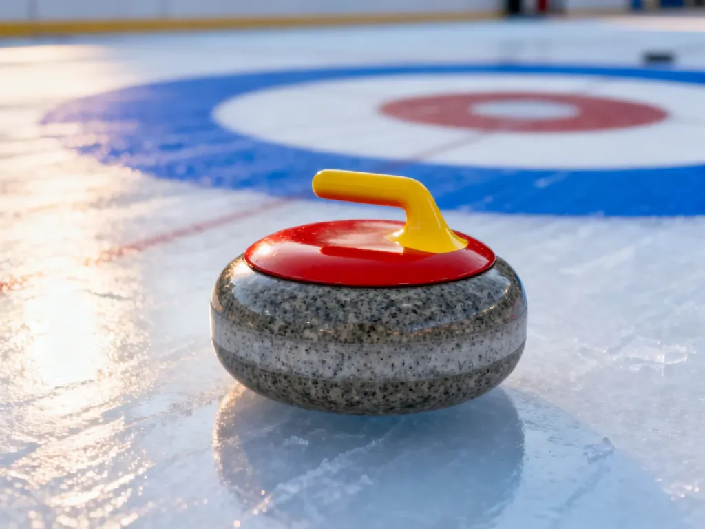 Czerwony i żółty kamień do curlingu na lodowej tafli, w tle widoczny cel (dom) na lodowisku.