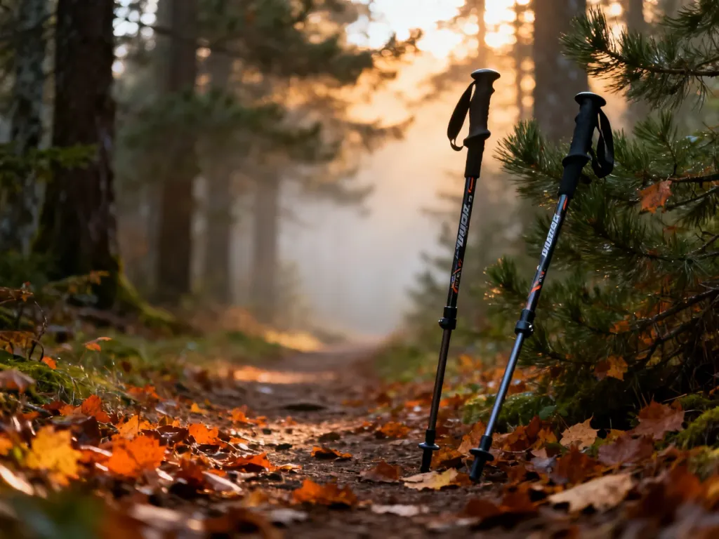 Profesjonalne kijki do nordic walking na leśnej ścieżce pośród jesiennych liści w świetle zachodzącego słońca.